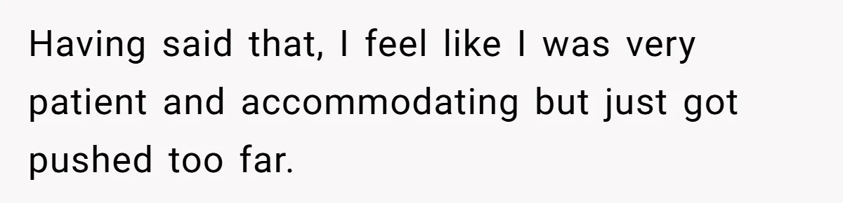 Having said that, I feel like I was very patient and accommodating but just got pushed too far.