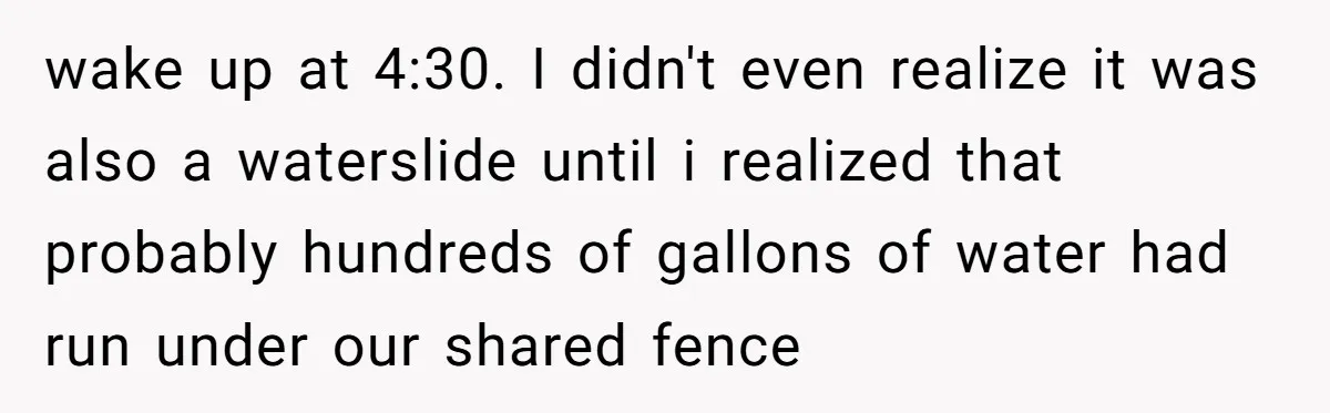 wake up at 4:30. I didn't even realize it was also a waterslide until i realized that probably hundreds of gallons of water had run under our shared fence