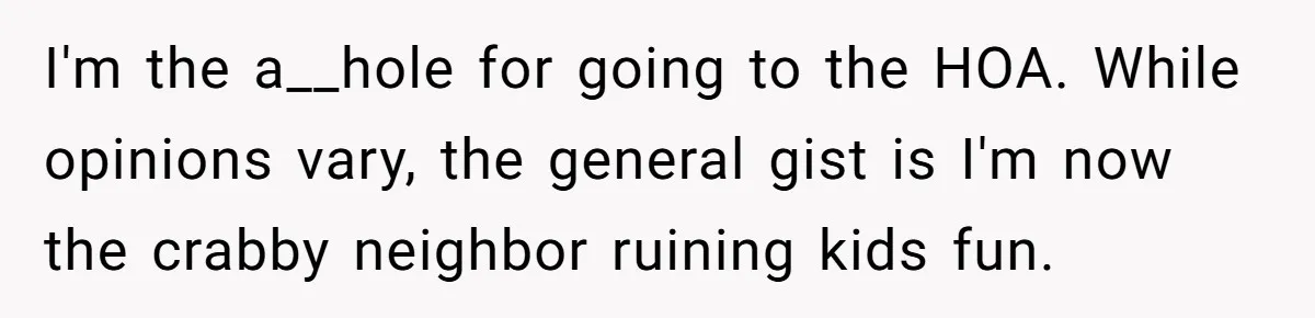 I'm the a__hole for going to the HOA. While opinions vary, the general gist is I'm now the crabby neighbor ruining kids fun.