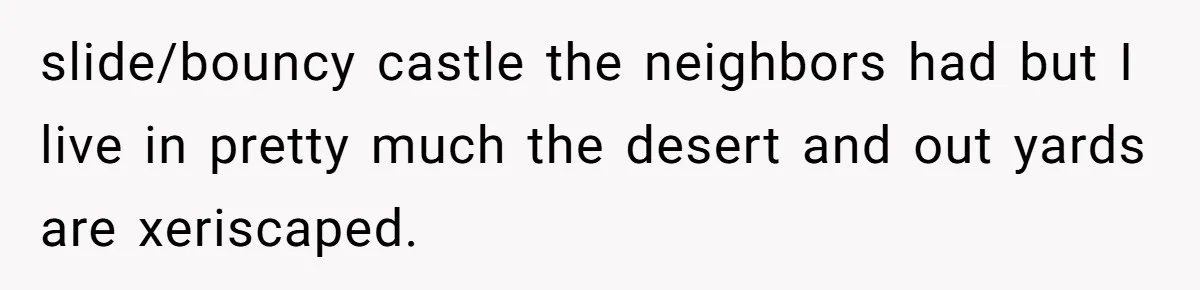 slide/bouncy castle the neighbors had but I live in pretty much the desert and out yards are xeriscaped.