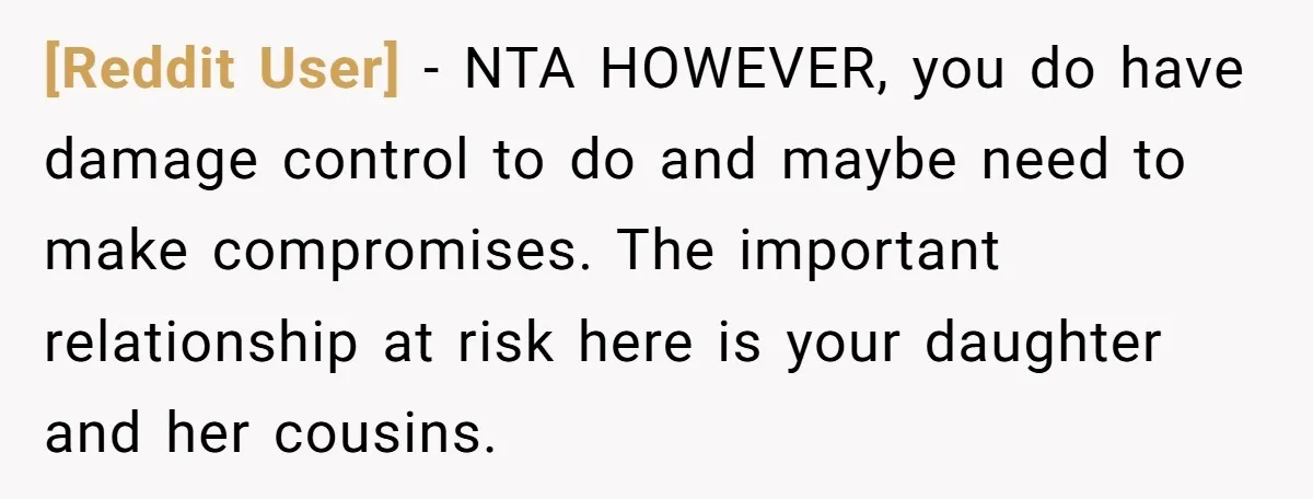 [Reddit User] − NTA HOWEVER, you do have damage control to do and maybe need to make compromises. The important relationship at risk here is your daughter and her cousins.