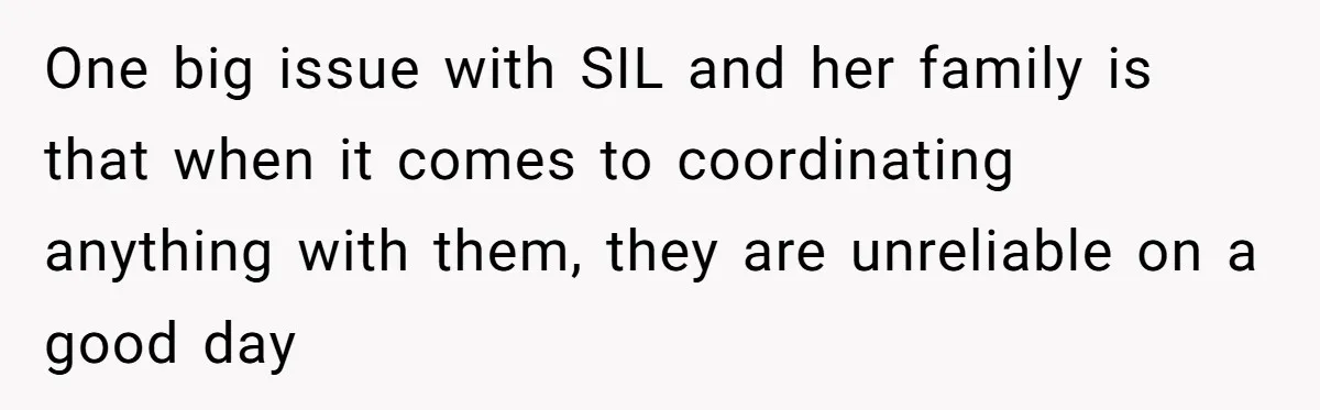 One big issue with SIL and her family is that when it comes to coordinating anything with them, they are unreliable on a good day