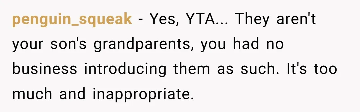 penguin_squeak − Yes, YTA... They aren't your son's grandparents, you had no business introducing them as such. It's too much and inappropriate.
