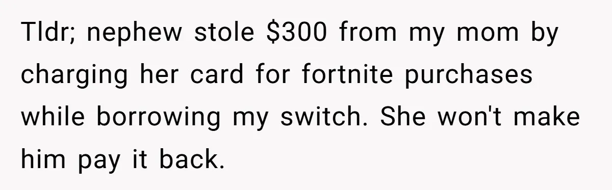 Tldr; nephew stole $300 from my mom by charging her card for fortnite purchases while borrowing my switch. She won't make him pay it back.