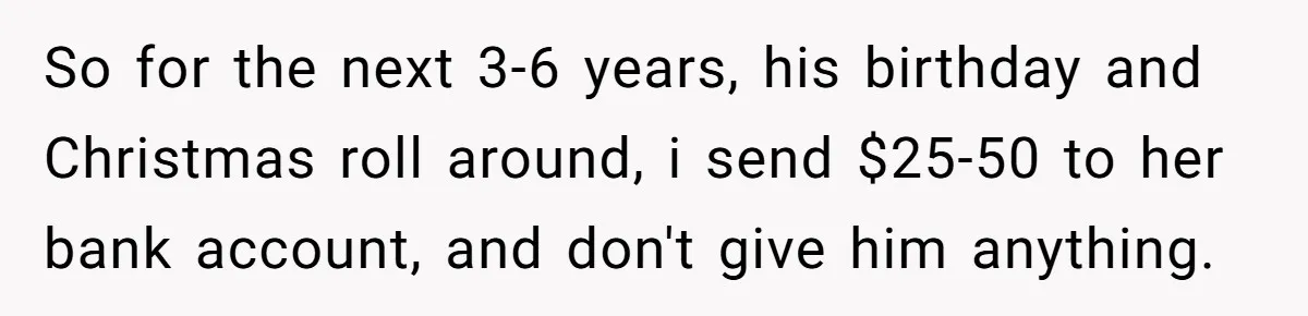 So for the next 3-6 years, his birthday and Christmas roll around, i send $25-50 to her bank account, and don't give him anything.