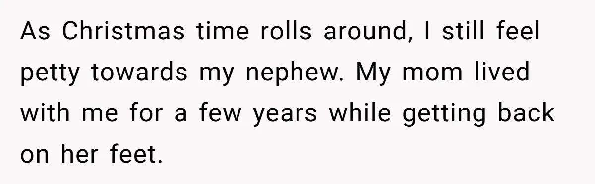 As Christmas time rolls around, I still feel petty towards my nephew. My mom lived with me for a few years while getting back on her feet.