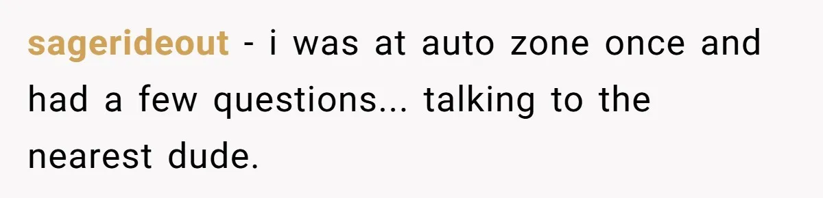 sagerideout − i was at auto zone once and had a few questions... talking to the nearest dude.