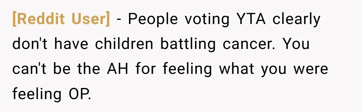 [Reddit User] − People voting YTA clearly don't have children battling cancer. You can't be the AH for feeling what you were feeling OP.