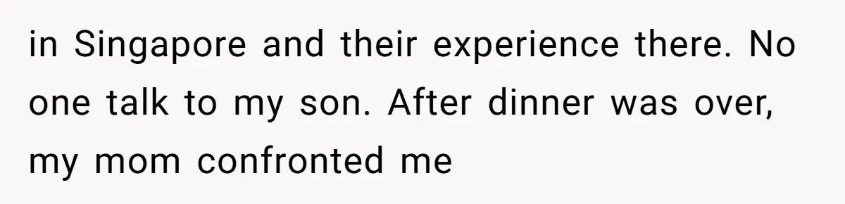 in Singapore and their experience there. No one talk to my son. After dinner was over, my mom confronted me