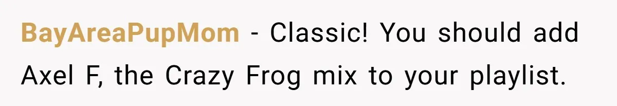 BayAreaPupMom − Classic! You should add Axel F, the Crazy Frog mix to your playlist.