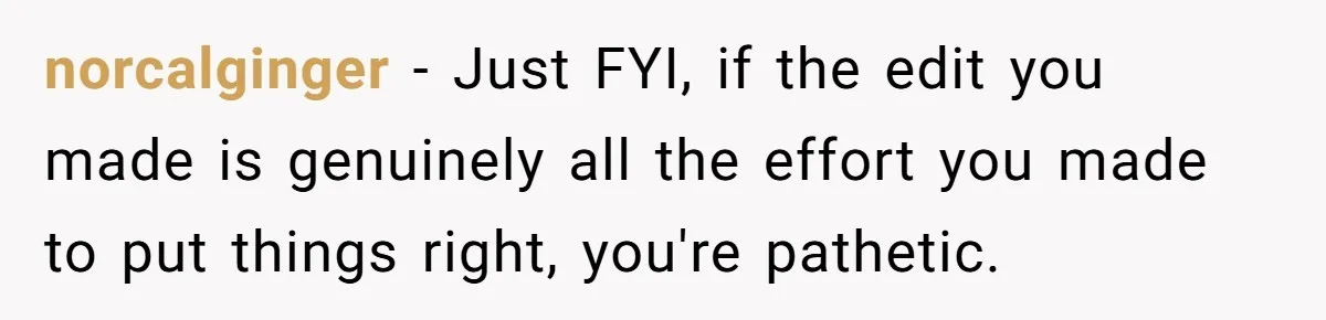 norcalginger − Just FYI, if the edit you made is genuinely all the effort you made to put things right, you're pathetic.