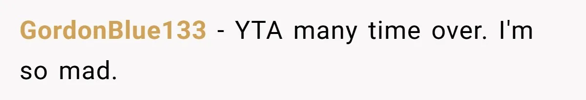GordonBlue133 − YTA many time over. I'm so mad.