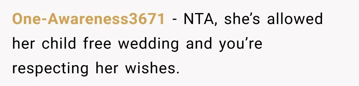 One-Awareness3671 − NTA, she’s allowed her child free wedding and you’re respecting her wishes.