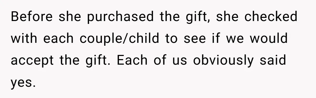 Before she purchased the gift, she checked with each couple/child to see if we would accept the gift. Each of us obviously said yes.