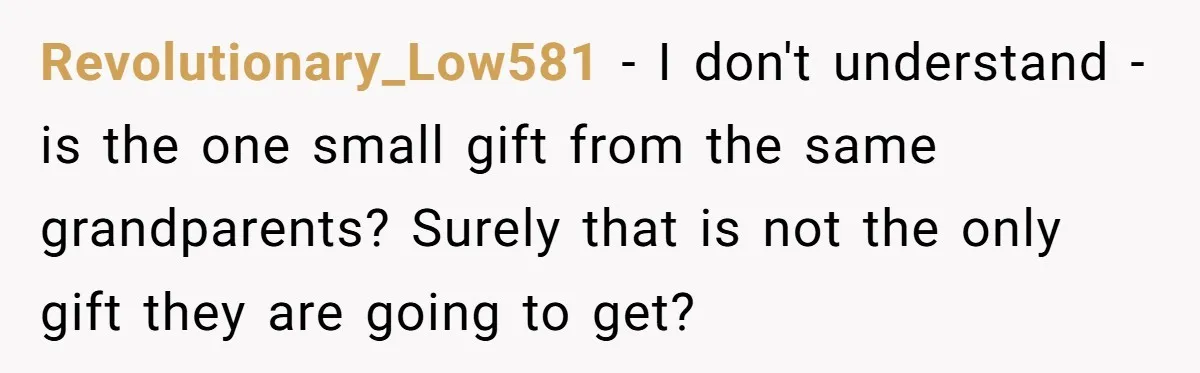 Revolutionary_Low581 − I don't understand - is the one small gift from the same grandparents? Surely that is not the only gift they are going to get?