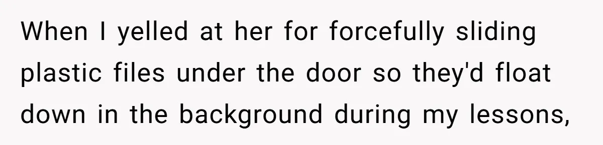When I yelled at her for forcefully sliding plastic files under the door so they'd float down in the background during my lessons,