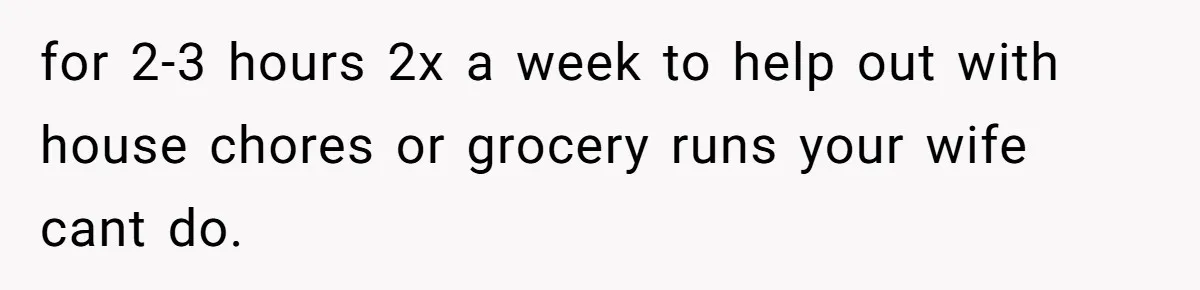 for 2-3 hours 2x a week to help out with house chores or grocery runs your wife cant do.