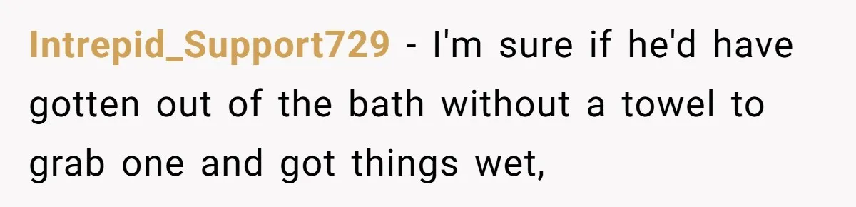 Stepson Asks For Towel, Fiancé's Reaction Out Of "Tough Love" Leaves Everyone Confused Intrepid_Support729 − I'm sure if he'd have gotten out of the bath without a towel to grab one and got things wet,