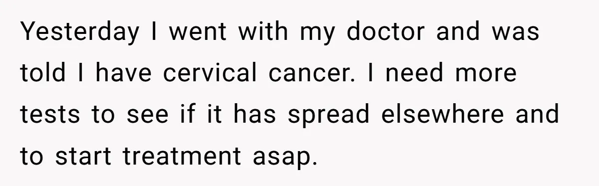 Yesterday I went with my doctor and was told I have cervical cancer. I need more tests to see if it has spread elsewhere and to start treatment asap.