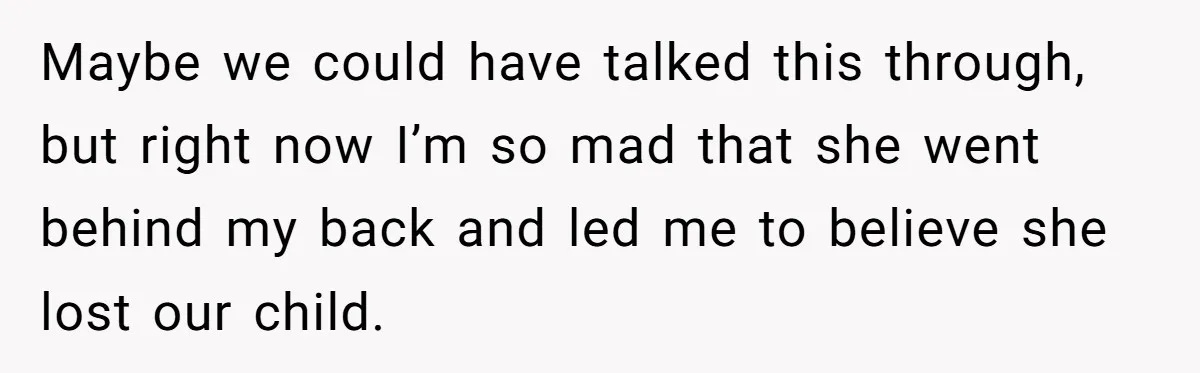 Maybe we could have talked this through, but right now I’m so mad that she went behind my back and led me to believe she lost our child.