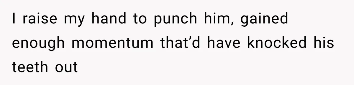 I raise my hand to punch him, gained enough momentum that’d have knocked his teeth out