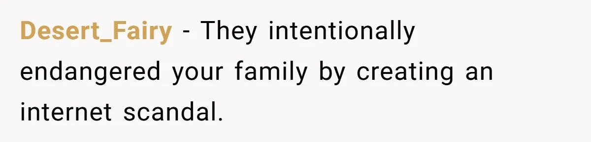 Desert_Fairy − They intentionally endangered your family by creating an internet scandal.