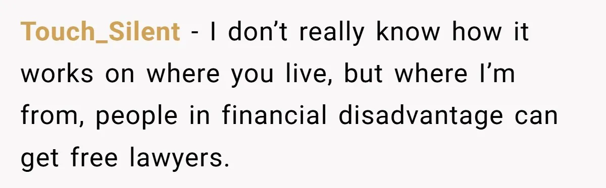Touch_Silent − I don’t really know how it works on where you live, but where I’m from, people in financial disadvantage can get free lawyers.