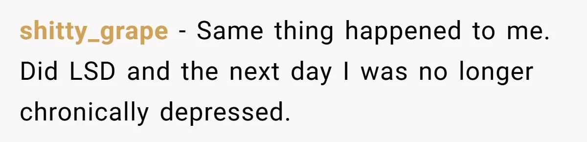 shitty_grape − Same thing happened to me. Did LSD and the next day I was no longer chronically depressed.