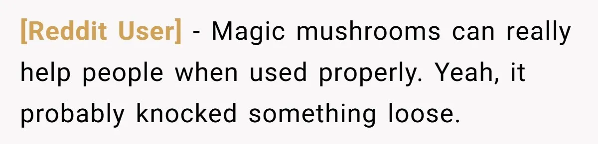 [Reddit User] − Magic mushrooms can really help people when used properly. Yeah, it probably knocked something loose.