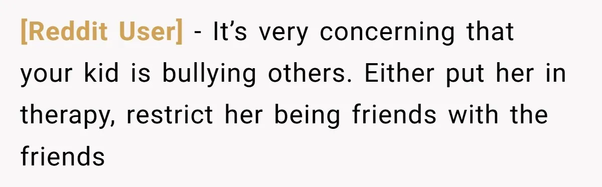 [Reddit User] − It’s very concerning that your kid is bullying others. Either put her in therapy, restrict her being friends with the friends
