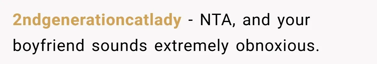 2ndgenerationcatlady − NTA, and your boyfriend sounds extremely obnoxious.