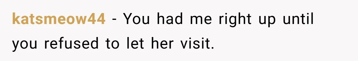 katsmeow44 − You had me right up until you refused to let her visit.