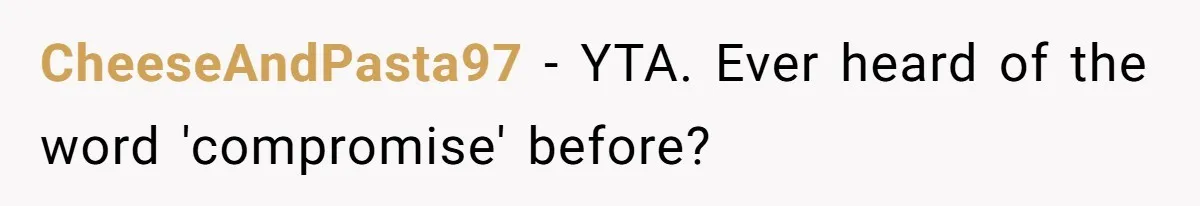 CheeseAndPasta97 − YTA. Ever heard of the word 'compromise' before?