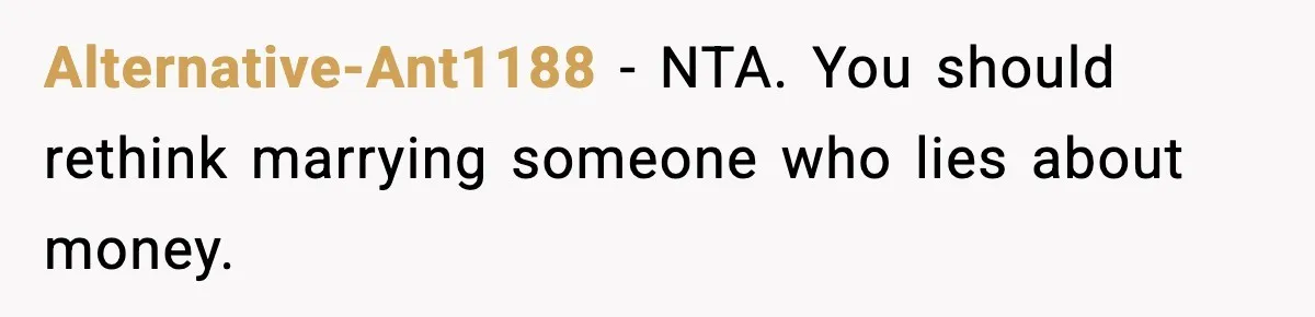 Alternative-Ant1188 - NTA. You should rethink marrying someone who lies about money.