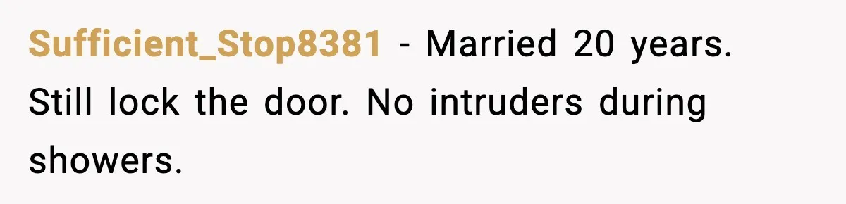 Woman Locks Bathroom Door to Shower, Her Boyfriend Calls It “Inconvenient” Sufficient_Stop8381 - Married 20 years. Still lock the door. No intruders during showers.