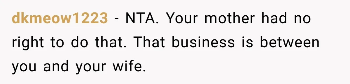 dkmeow1223 − NTA. Your mother had no right to do that. That business is between you and your wife.