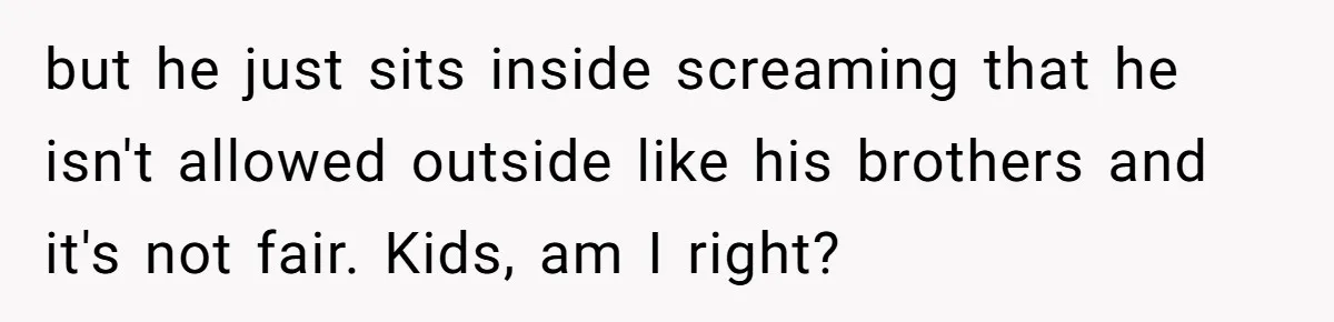but he just sits inside screaming that he isn't allowed outside like his brothers and it's not fair. Kids, am I right?