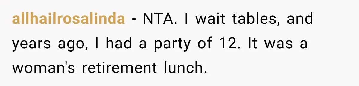 allhailrosalinda − NTA. I wait tables, and years ago, I had a party of 12. It was a woman's retirement lunch.