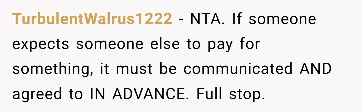 TurbulentWalrus1222 − NTA. If someone expects someone else to pay for something, it must be communicated AND agreed to IN ADVANCE. Full stop.