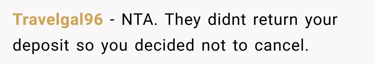 Fiancé Cheats, Then Keeps Wedding Reception Venue After Breakup For A Party And Says He Doesn’t Care Travelgal96 − NTA. They didnt return your deposit so you decided not to cancel.