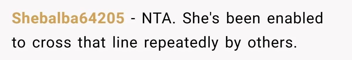 Shebalba64205 − NTA. She's been enabled to cross that line repeatedly by others.