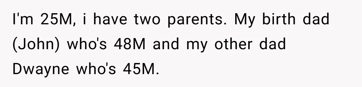 I'm 25M, i have two parents. My birth dad (John) who's 48M and my other dad Dwayne who's 45M.