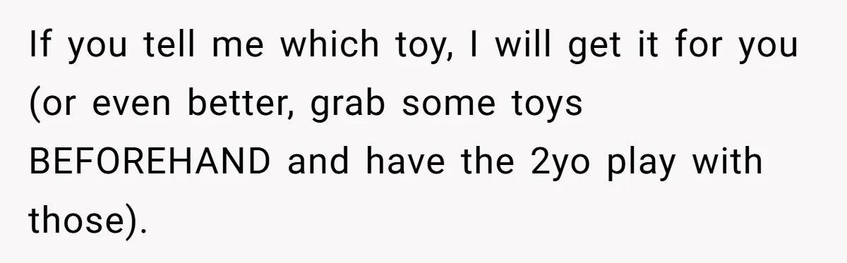 If you tell me which toy, I will get it for you (or even better, grab some toys BEFOREHAND and have the 2yo play with those).