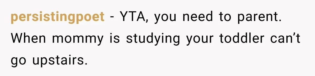 persistingpoet − YTA, you need to parent. When mommy is studying your toddler can’t go upstairs.