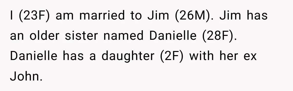 I (23F) am married to Jim (26M). Jim has an older sister named Danielle (28F). Danielle has a daughter (2F) with her ex John.