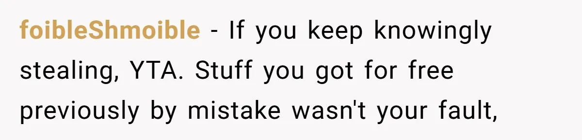 foibleShmoible − If you keep knowingly stealing, YTA. Stuff you got for free previously by mistake wasn't your fault,