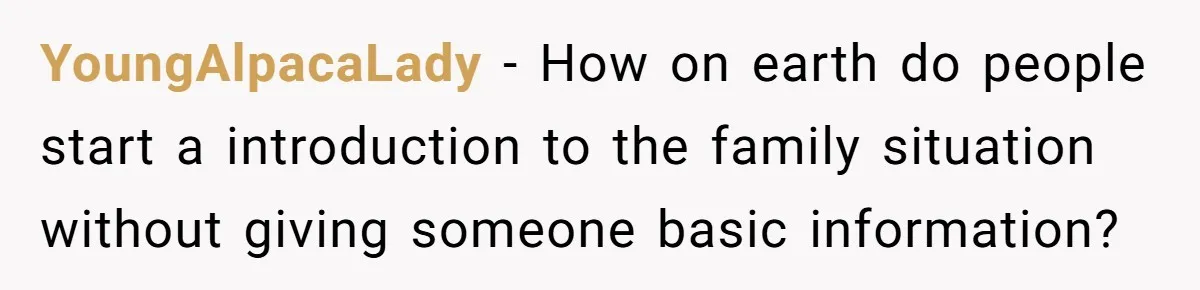 YoungAlpacaLady − How on earth do people start a introduction to the family situation without giving someone basic information?