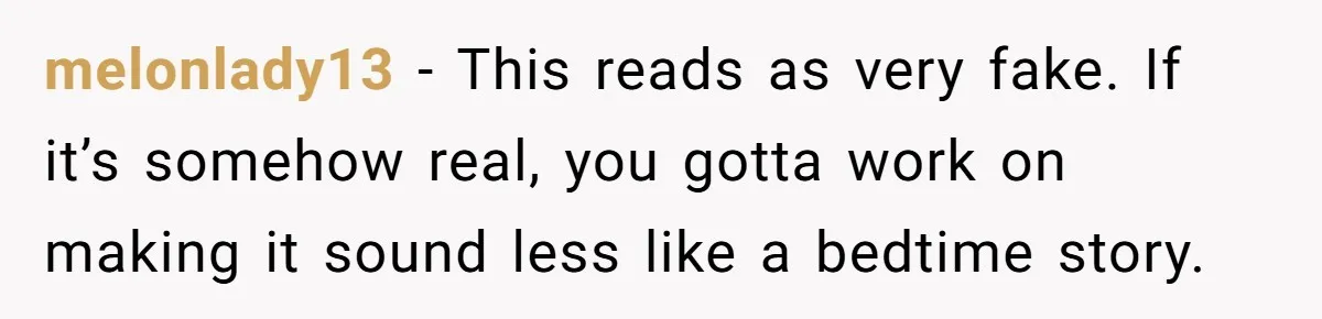 melonlady13 − This reads as very fake. If it’s somehow real, you gotta work on making it sound less like a bedtime story.