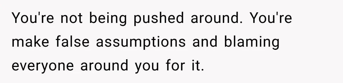 You're not being pushed around. You're make false assumptions and blaming everyone around you for it.