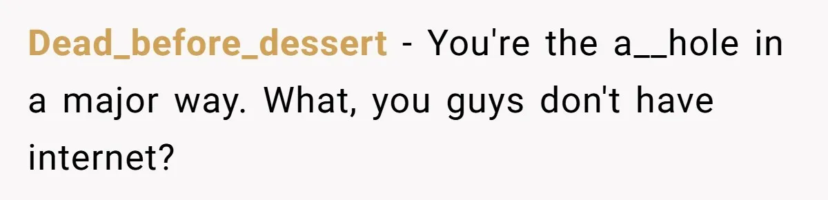 Dead_before_dessert − You're the a__hole in a major way. What, you guys don't have internet?